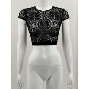 Bebe Top Womens 4 Black Crop Lace Sheer Short Sleeve Zip Back Grunge Festival